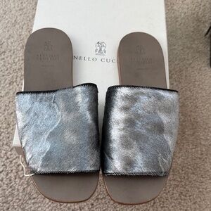Brunello Cucinelli Metallic Slide Sandals